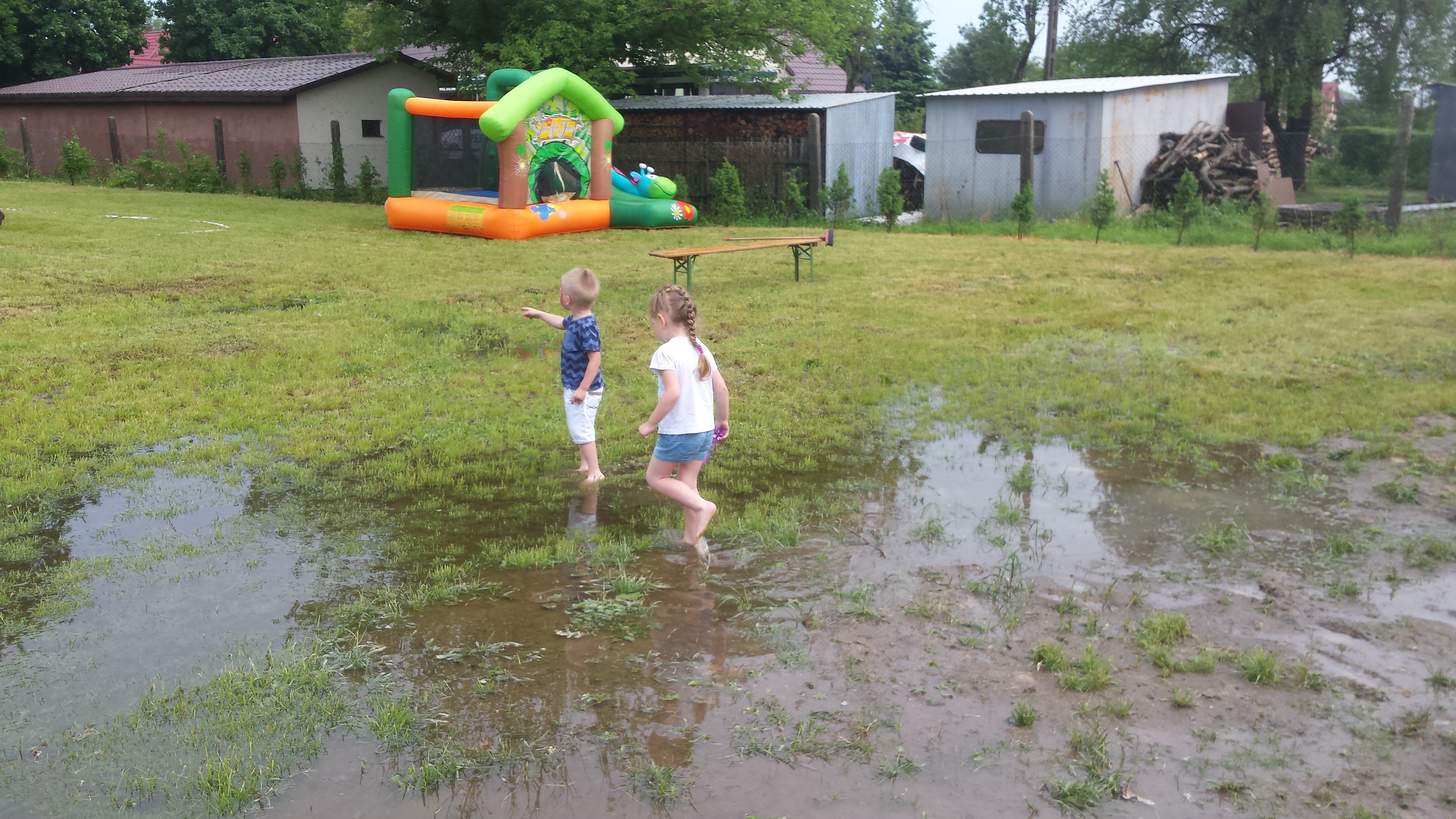 Nasi podopieczni bawiący się na mokrej łące. Dla nich pogoda nie była zła ;-)